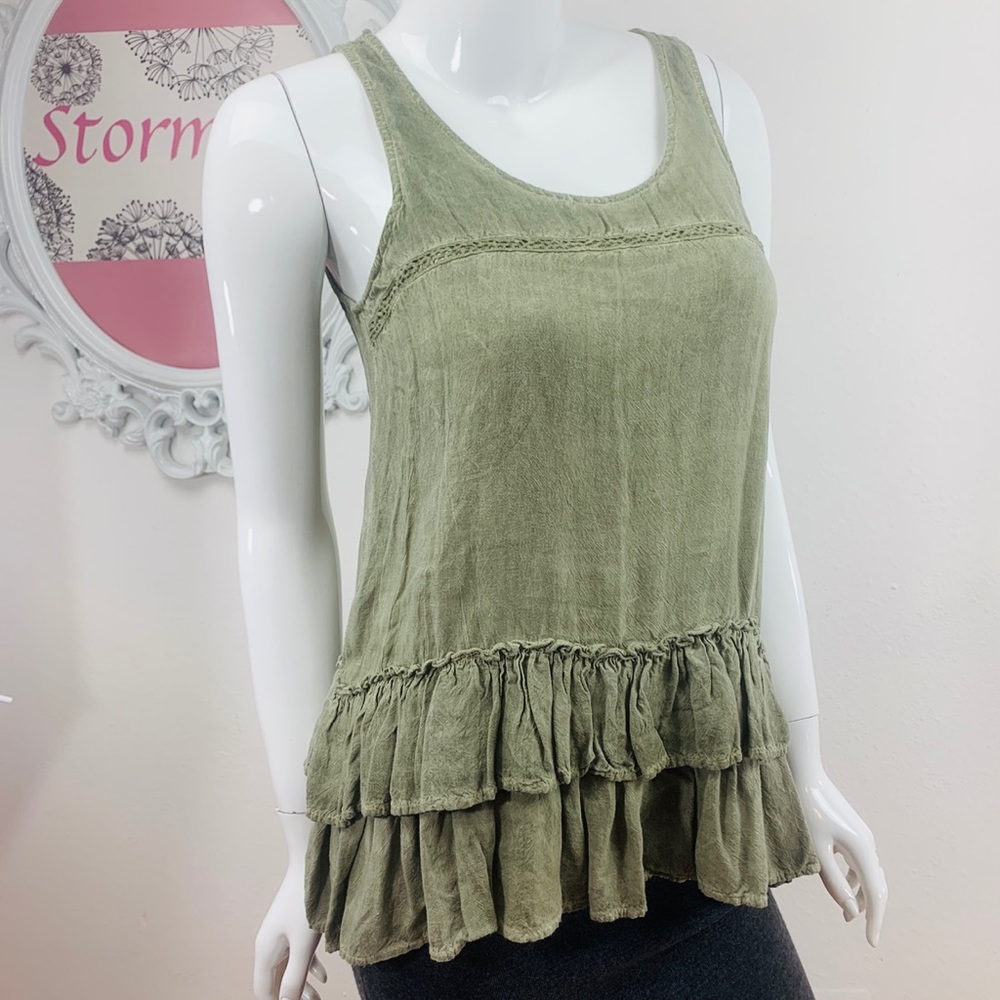 Anthro Entro / Green Washed Ruffled Tunic Tank Top